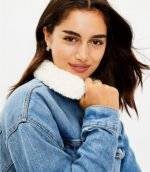 Denim Jacket With Sheepskin Collar Womens 1
