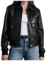 Ladies Leather Bomber Jacket Black