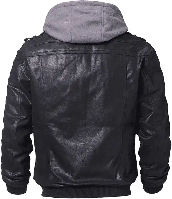 Leather Jacket With Hoodie - Back View