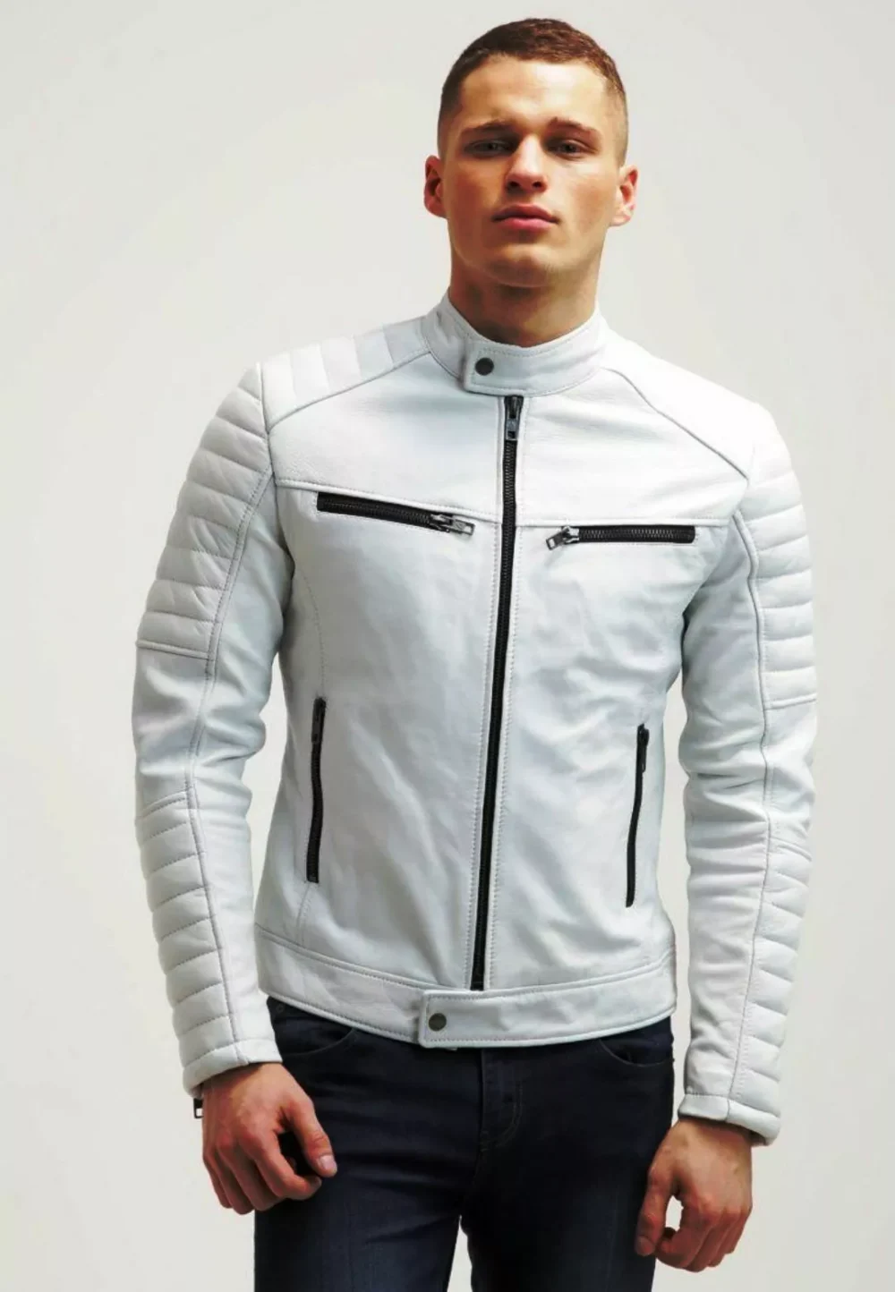 Mens White Leather Motorcycle Jacket 2