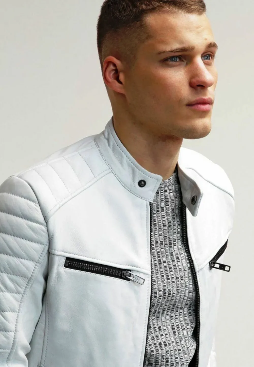 Mens White Leather Motorcycle Jacket 3