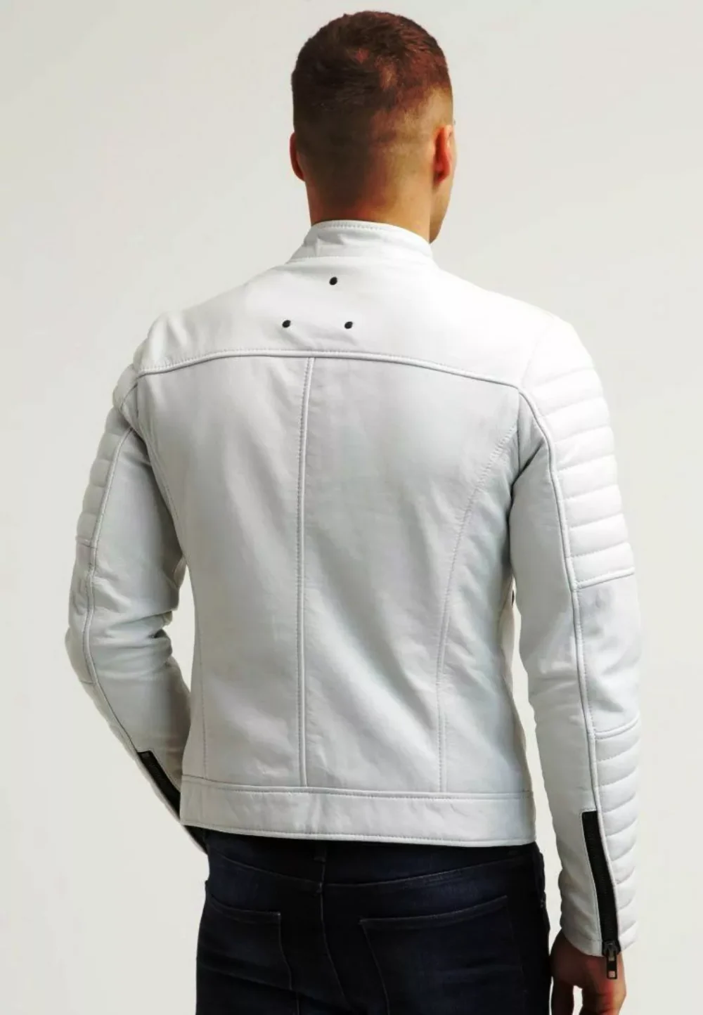 Mens White Leather Motorcycle Jacket 4