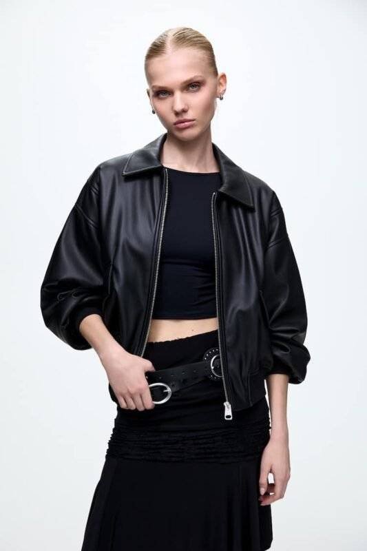 black faux leather bomber jacket