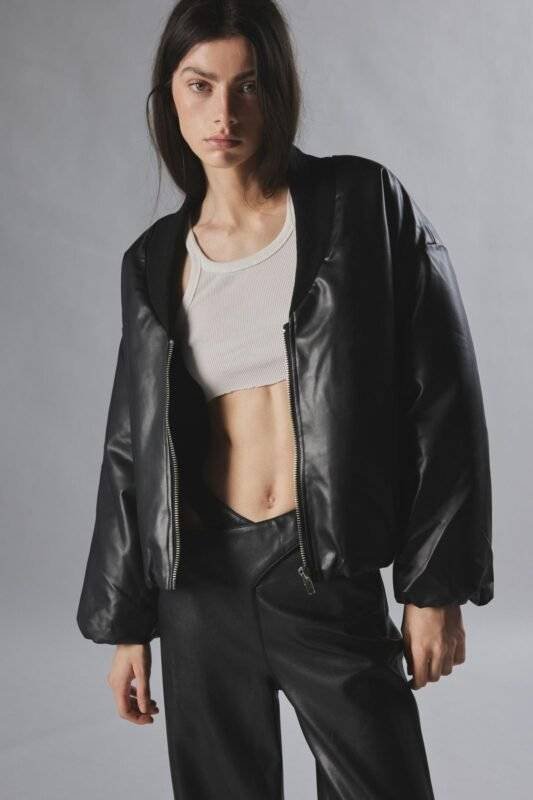 black faux leather bomber jacket