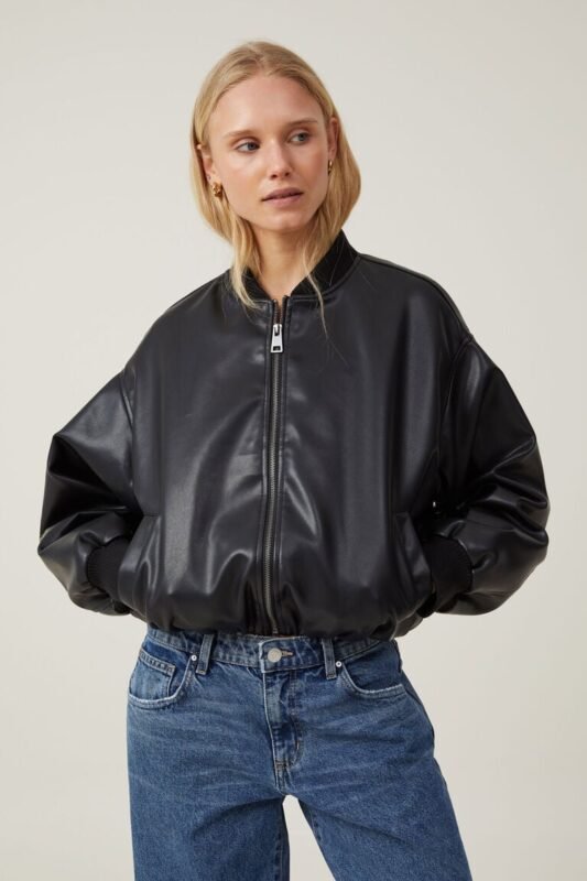 black faux leather bomber jacket