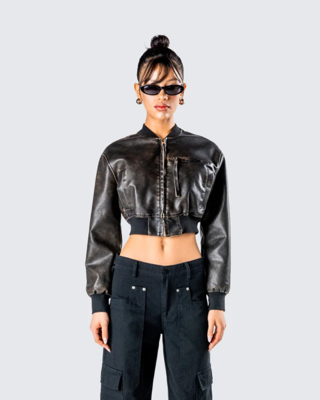 black faux leather cropped jacket