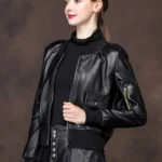 black leather bomber jacket women