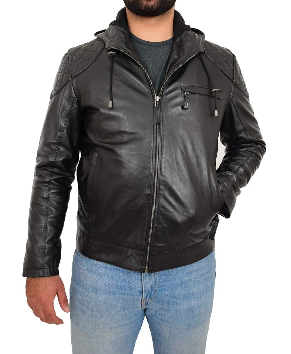 black leather hooded biker jacket
