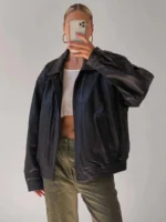 Oversized leather bomber jacket women's