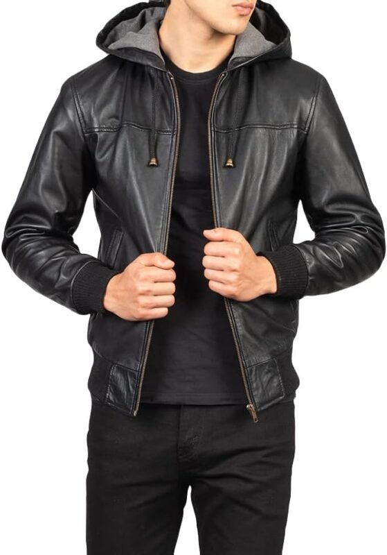 bomber leather jacket with hood