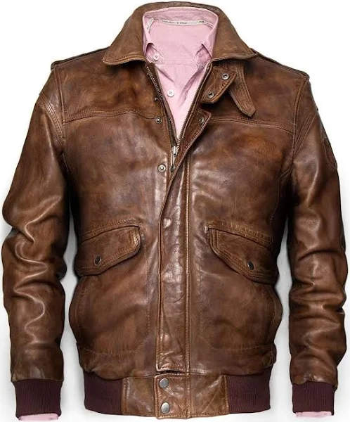 brown distressed leather bomber jacket
