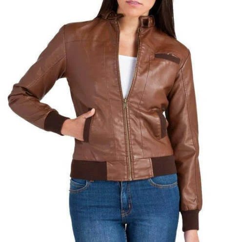brown leather bomber jacket womens