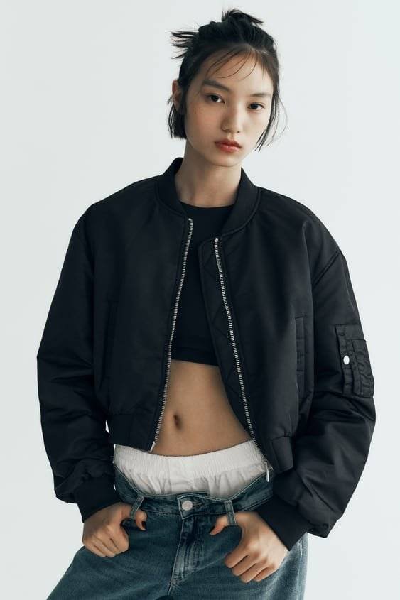 crop bomber jacket black