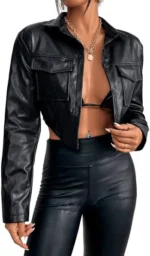 cropped black leather jacket for women