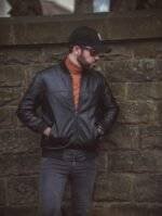 dark brown leather bomber jacket