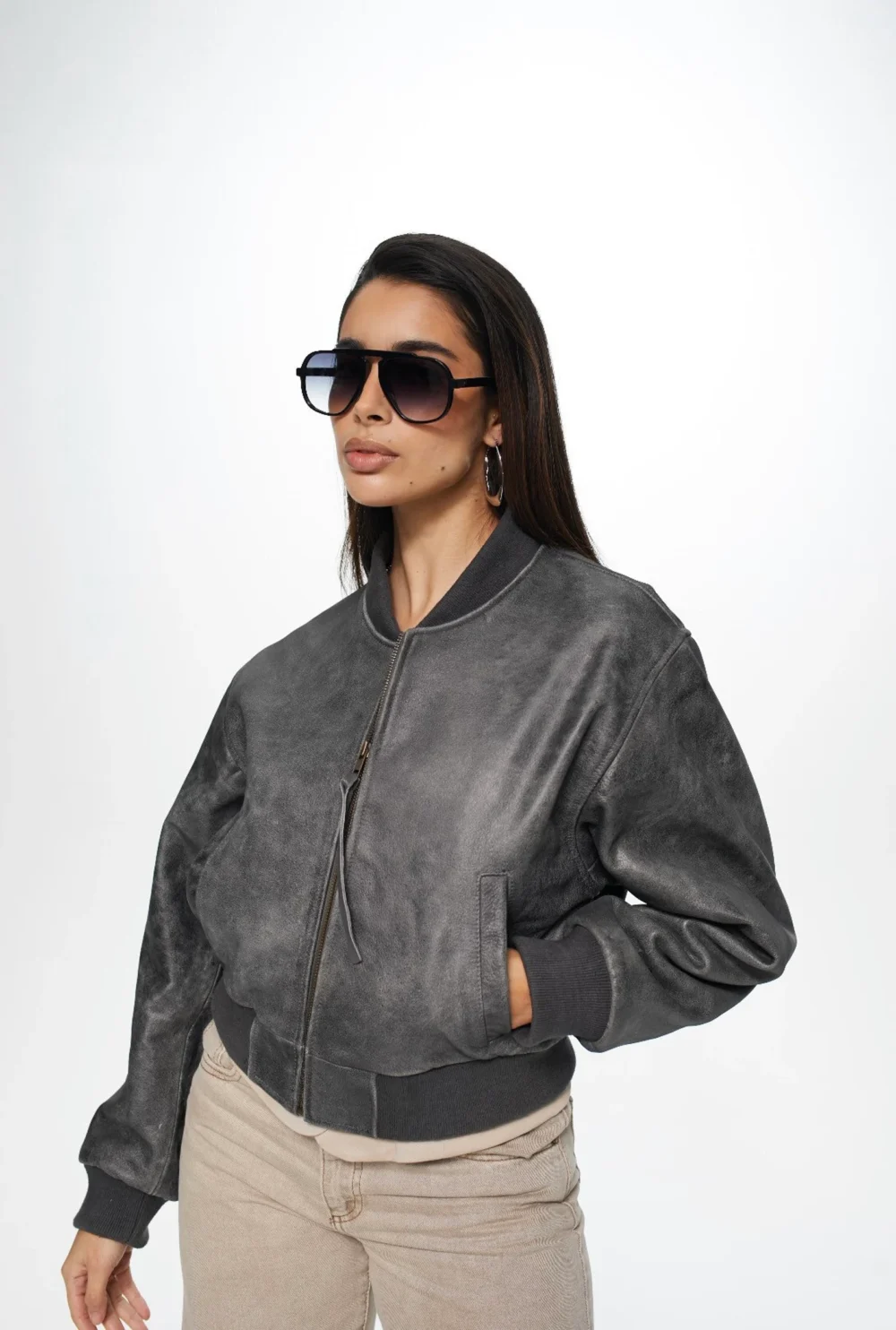 grey leather bomber jacket