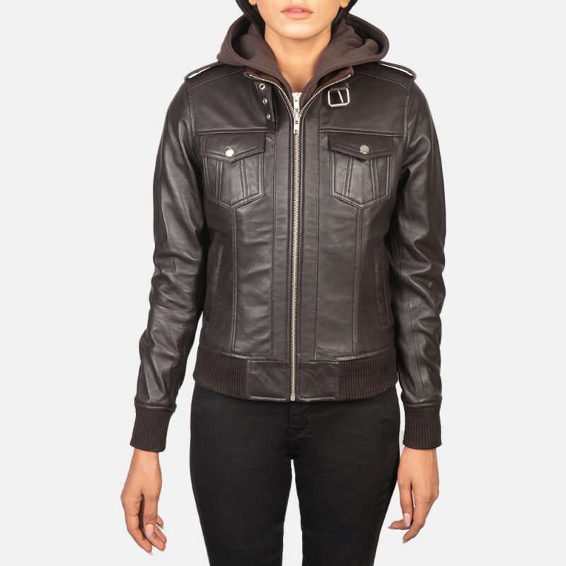 hooded leather bomber jacket women's