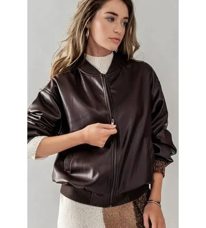 ladies faux leather bomber jacket