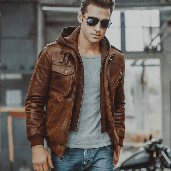 men brown leather bomber jacket 1