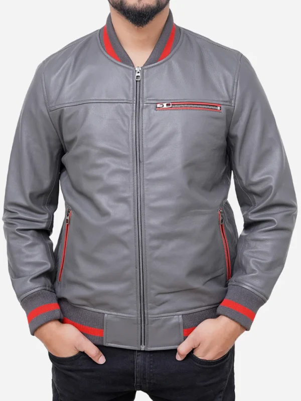 Mens Grey Leather Bomber Jacket