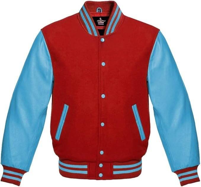 red and blue bomber jacket