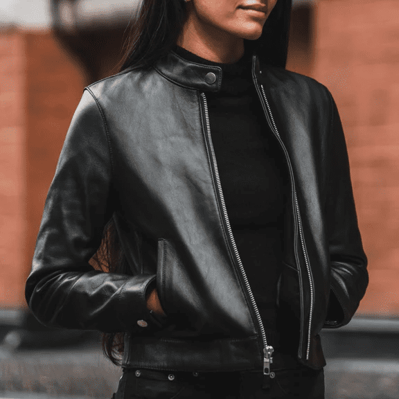 womens black leather jacket