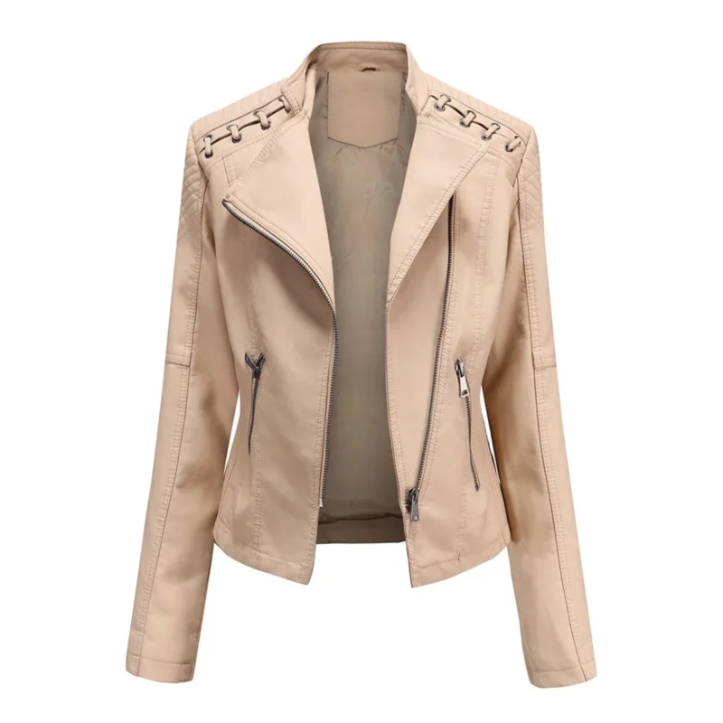 Beige Faux Leather Biker Jacket