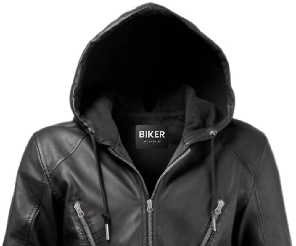 Black Hooded Men Leather Jacket