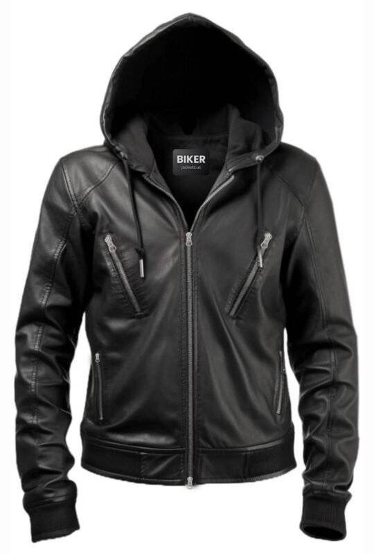 Black Hooded Men Leather Jacket