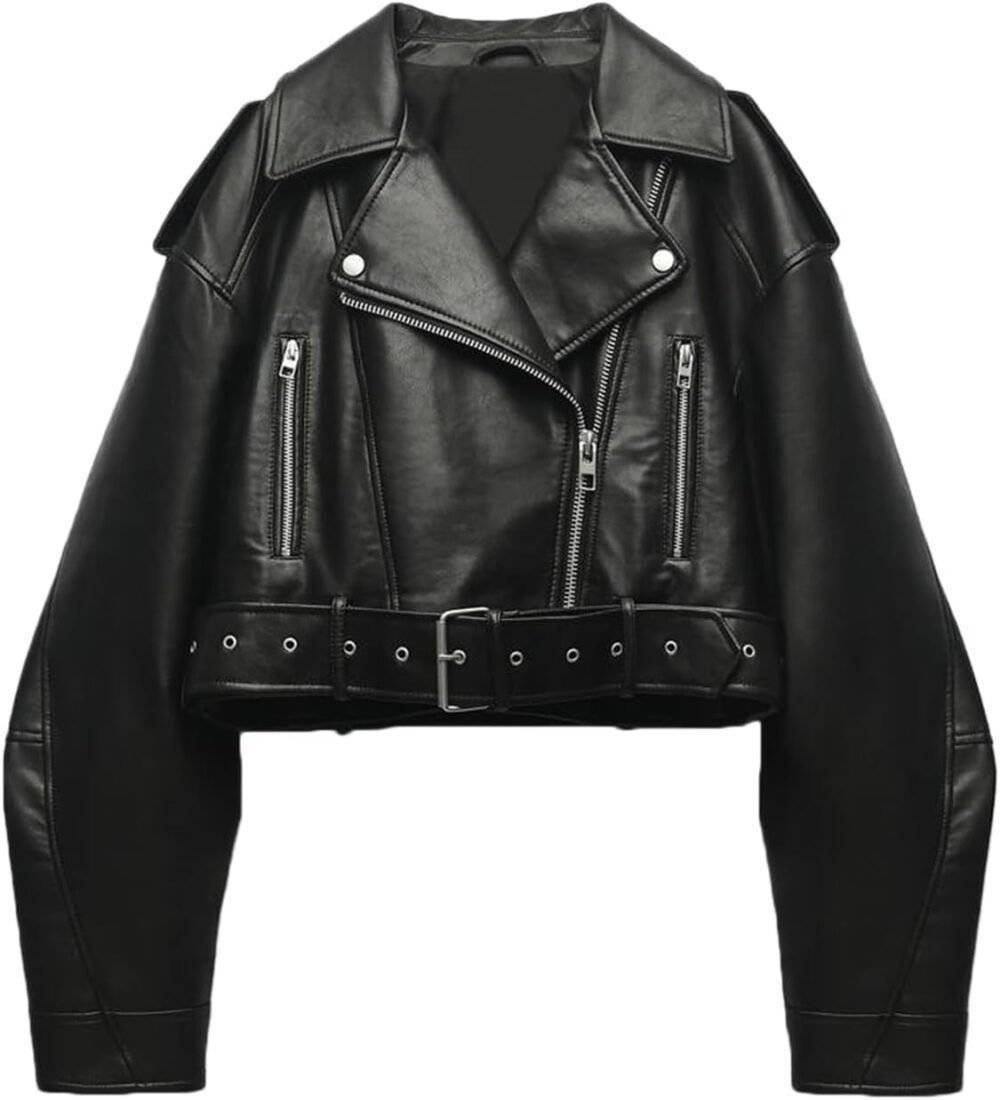 Black Oversized Belted Hem Cropped Biker Jacket