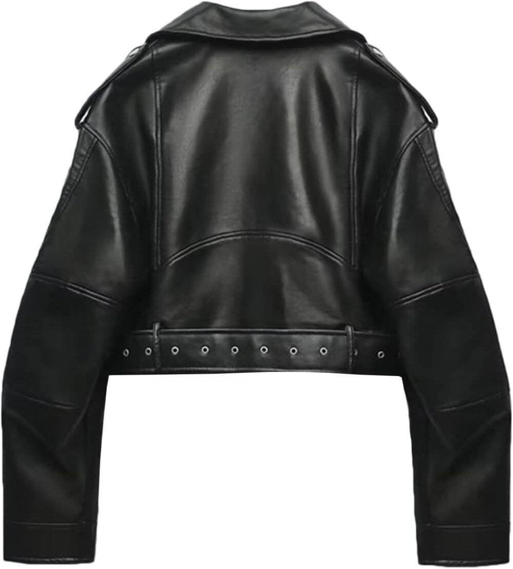 Black Oversized Belted Hem Cropped Biker Jacket