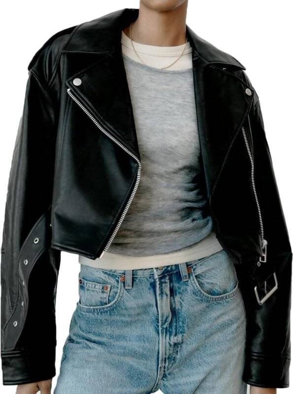 Black Oversized Belted Hem Cropped Biker Jacket