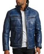 Blue Leather Biker Jacket Mens