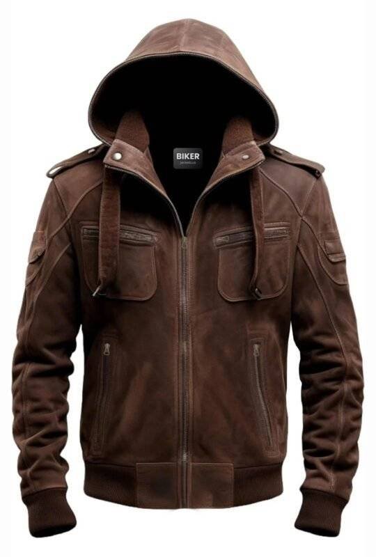 Brown Slim fit Suede Hooded Leather Jacket