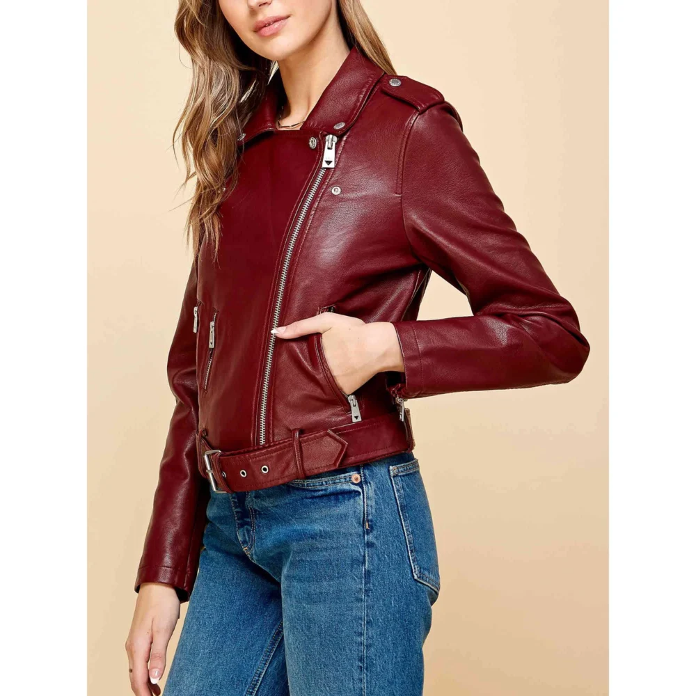 Burgundy Faux Leather Biker Jacket