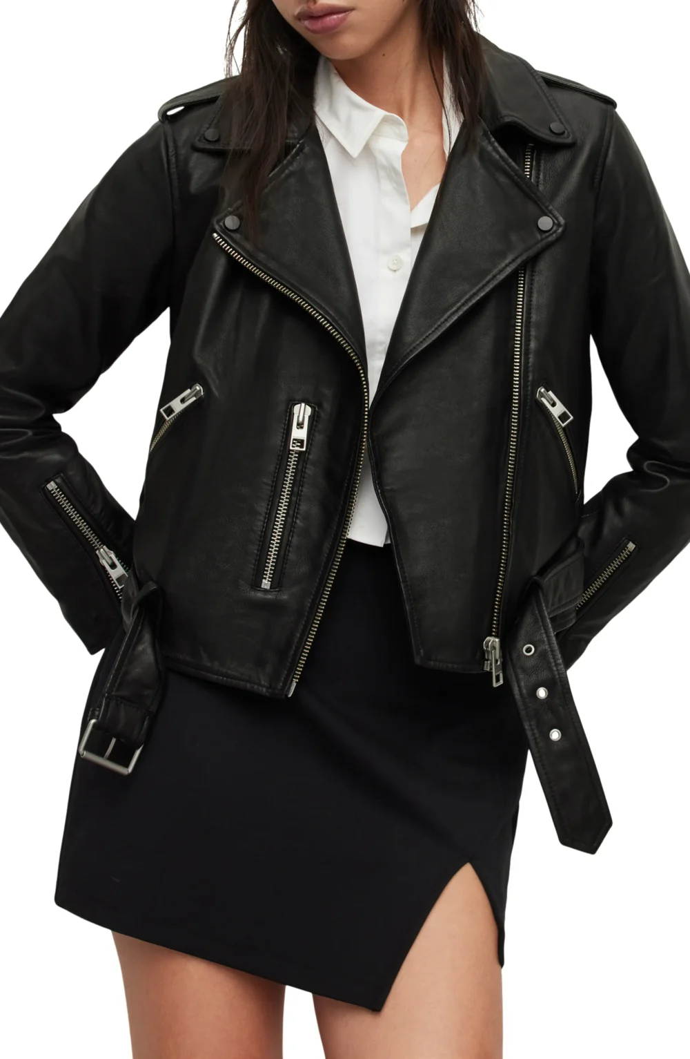 Collarless Leather Biker Jacket