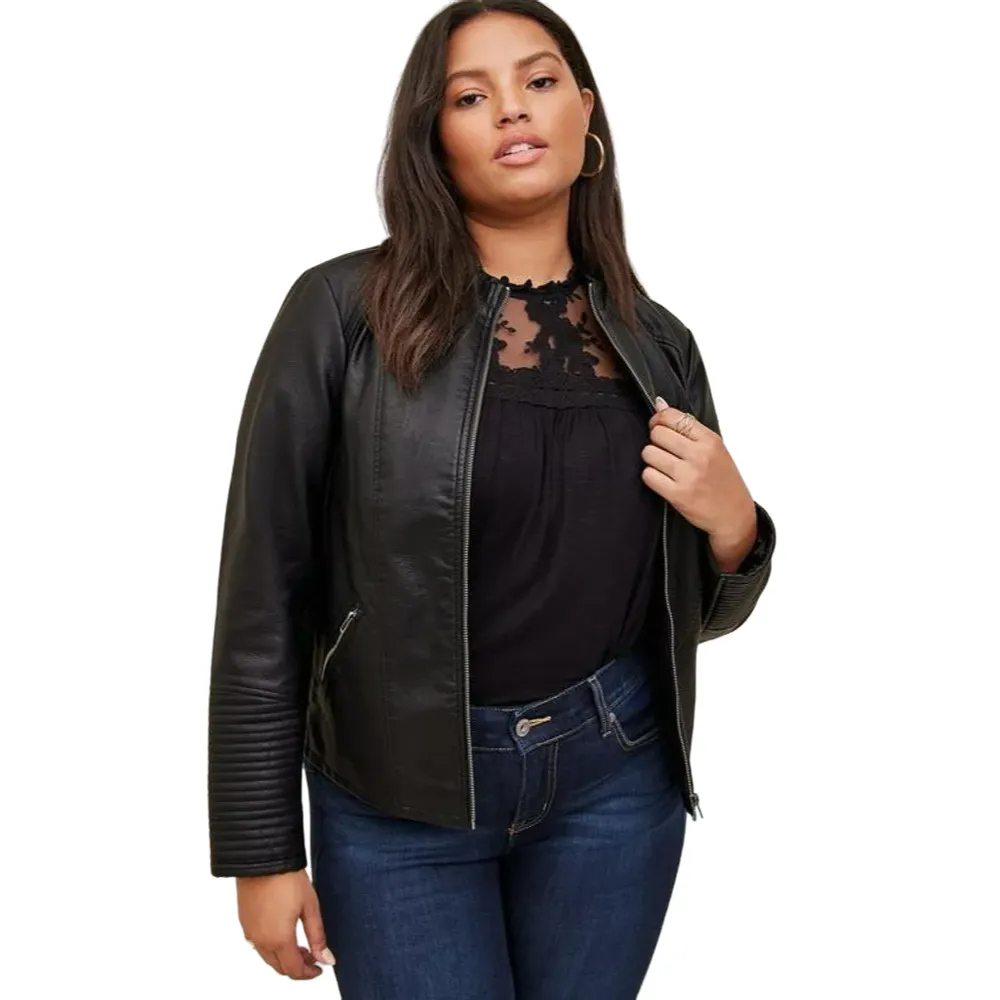 Collarless Leather Biker Jacket Women