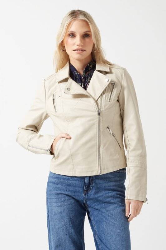 Cream Faux Leather Moto Jacket