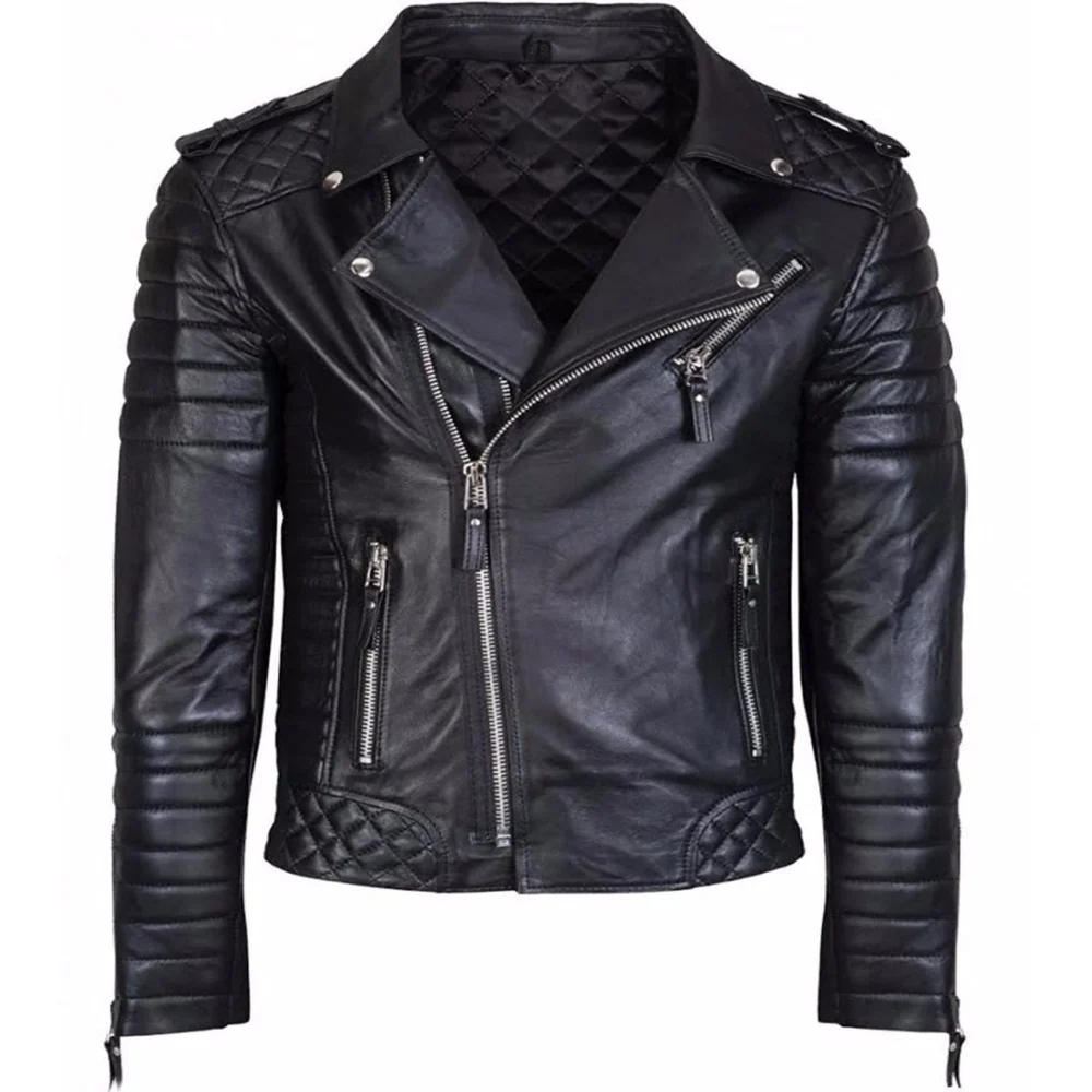 Diamond Quilted Black Leather Biker Jacket