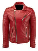 Diamond Quilted Red Leather Biker Jacket