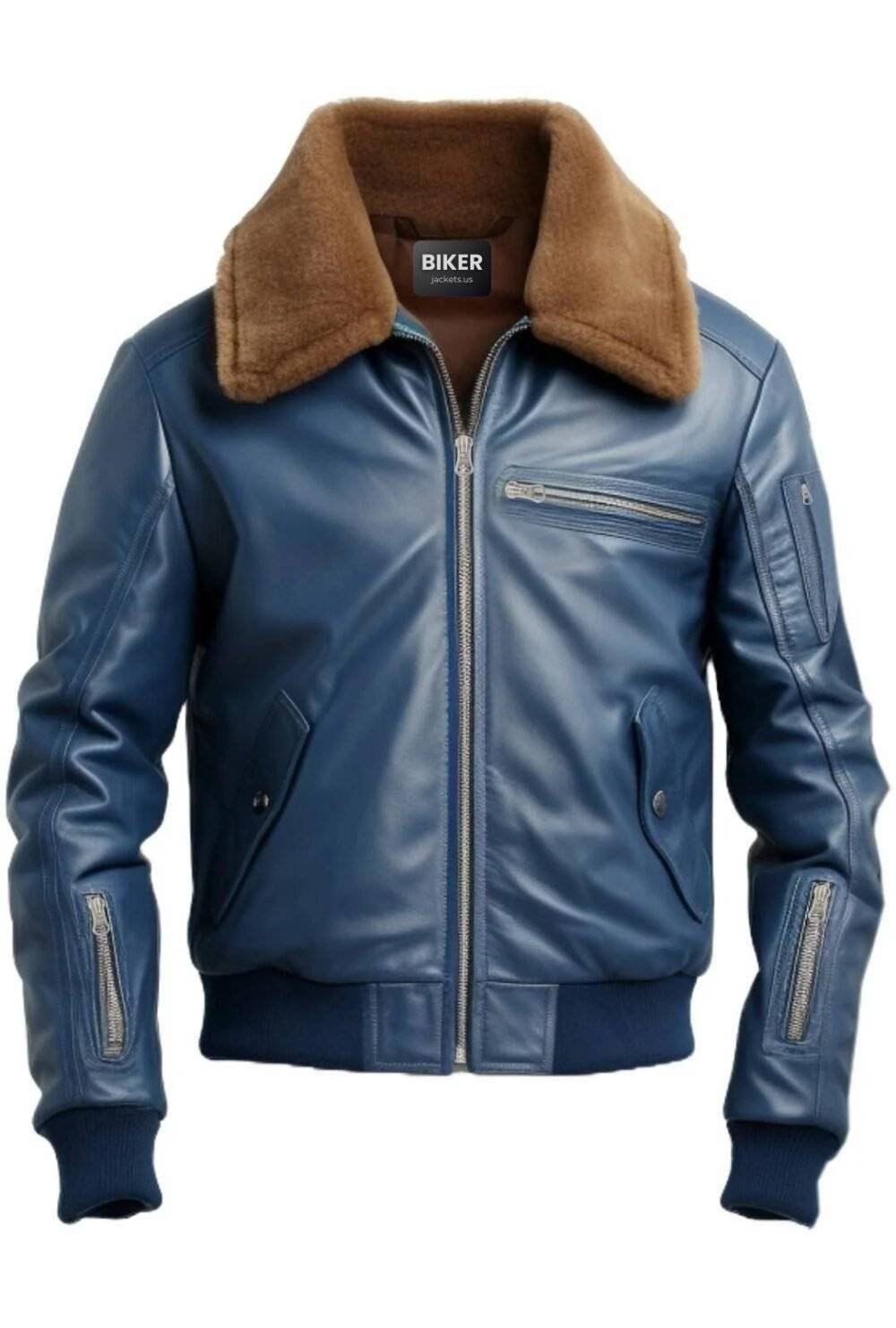 Flight Bomber Blue Leather Jacket