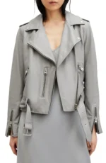 Grey Leather Biker Jacket Ladies