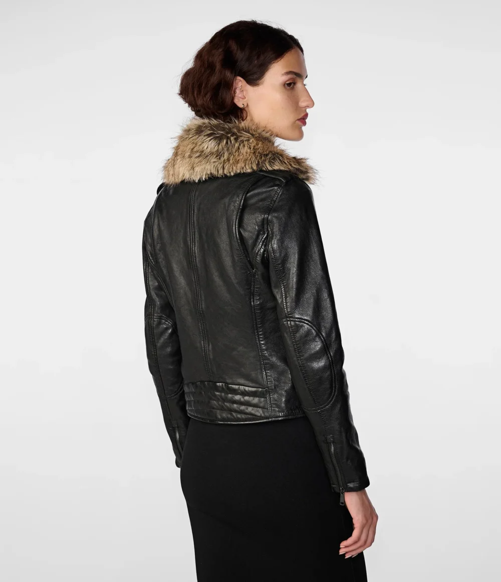 Ladies Biker Jacket With Fur Collar