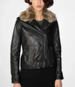 Ladies Biker Jacket With Fur Collar