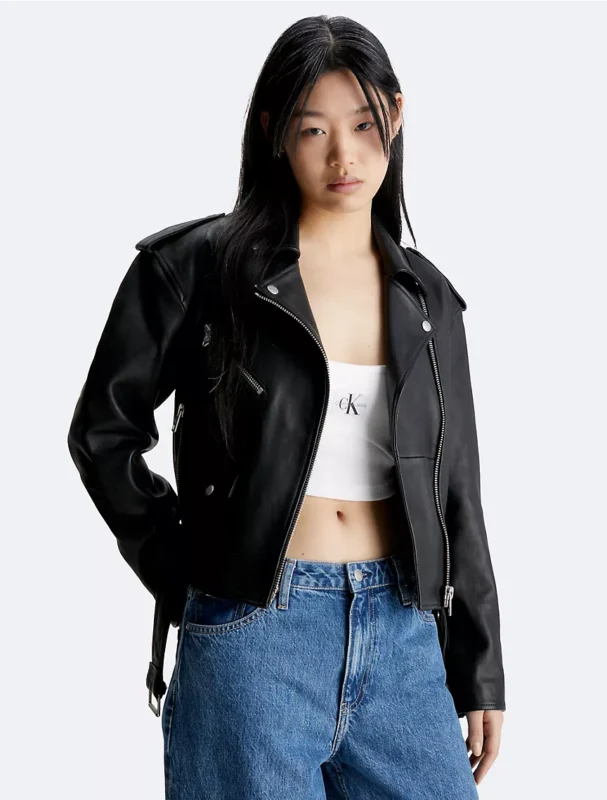 Ladies Black Leather Biker Jacket