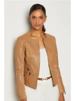 Ladies Tan Leather Biker Jacket