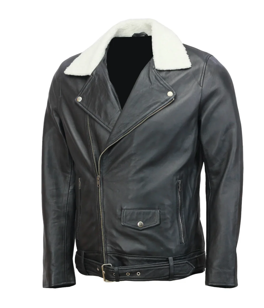 Leather Biker Jacket With Fur Collar Mens