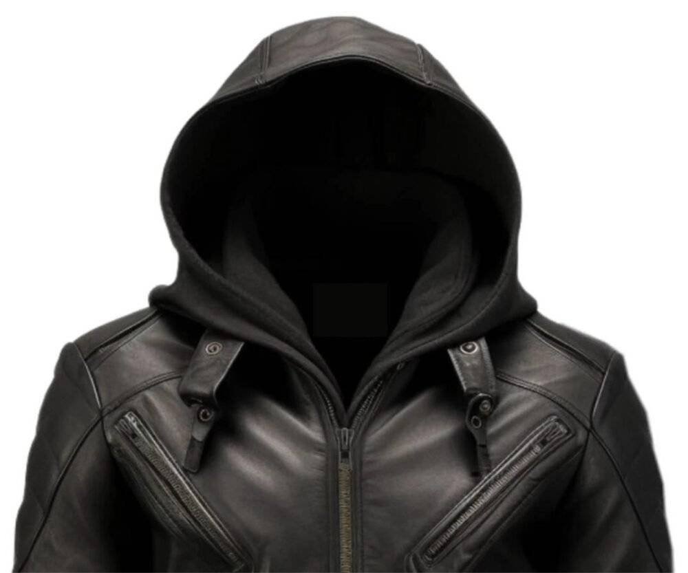 Men Black Hooded Leather Jacket