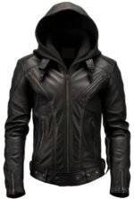 Men Black Hooded Leather Jacket