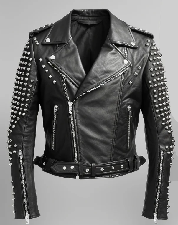 Men Black Leather Biker Studded Jacket